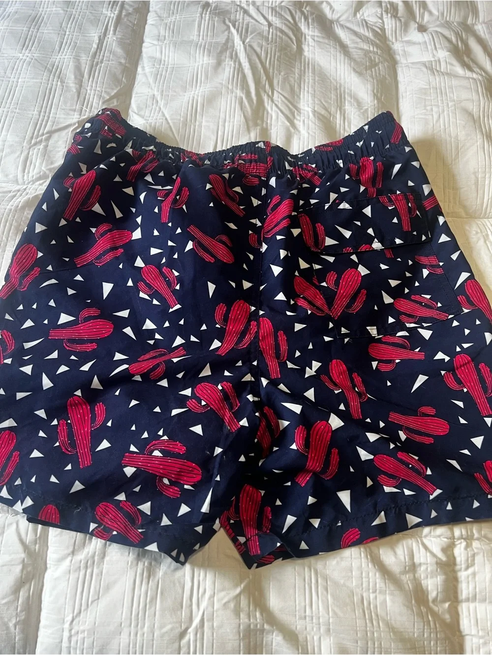 NWT .. Men's Navy Swim Shorts with red Cactus Print